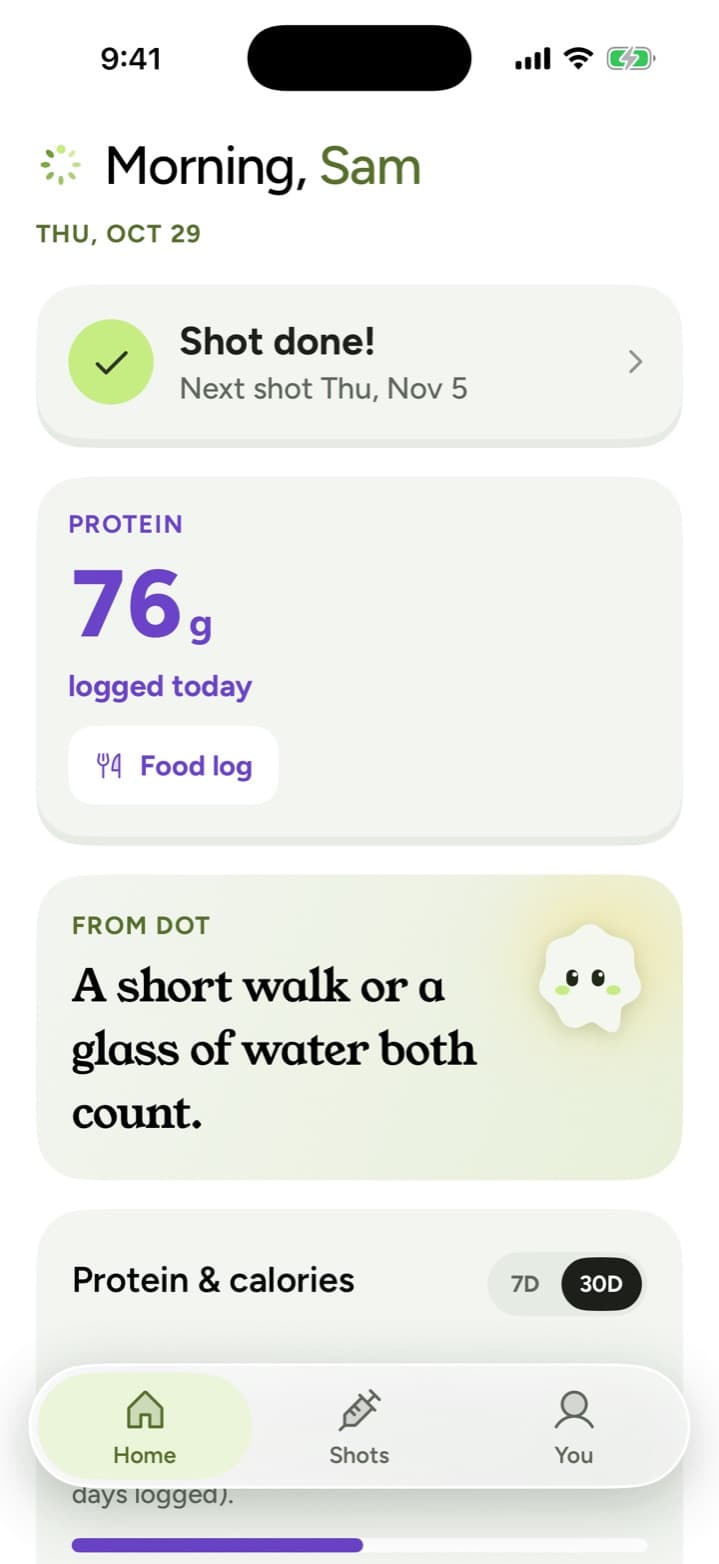 The Checkin app's Shots screen with today's shot saved: on time, 5 mg, right belly