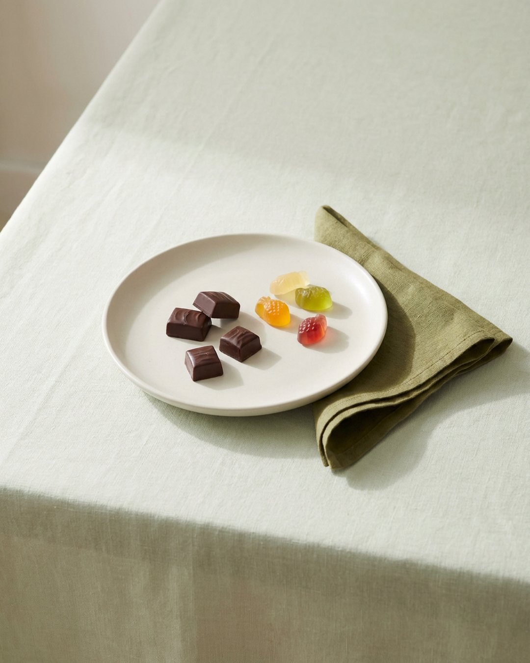 A small white plate with four pieces of chocolate and four gummy candies, on a sage linen tablecloth