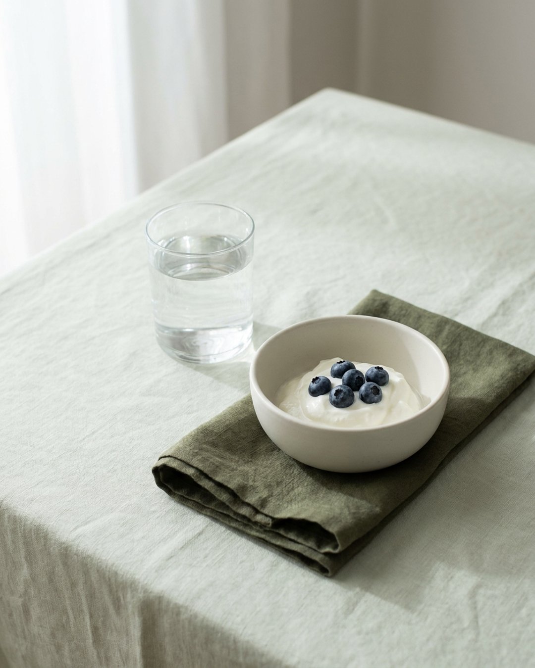 A glass of water beside a small white bowl of plain Greek yogurt with a few blueberries, on a sage linen tablecloth